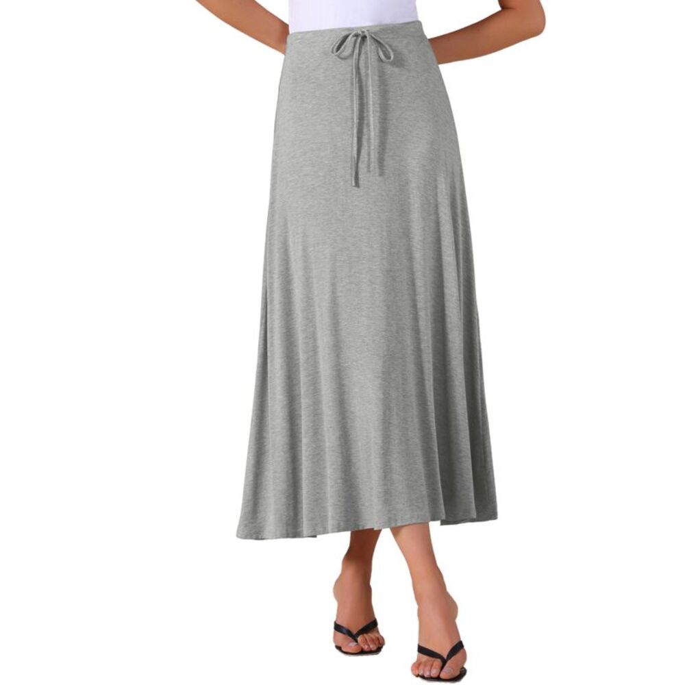 Women's Casual Long Skirts Drawstring Stretchy A-Line Flowy Maxi Skirt Grey